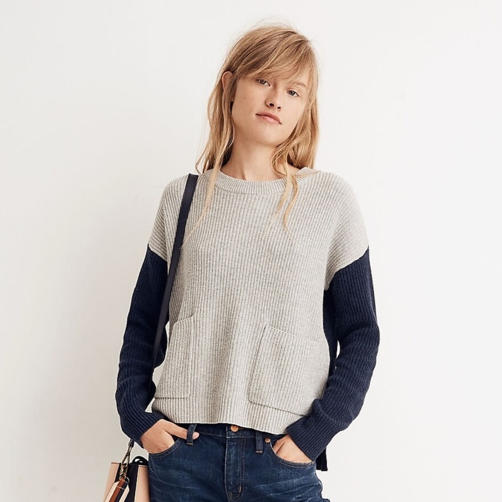 Madewell Patch Pocket Pullover Sweater - Blue/Grey Colorblock